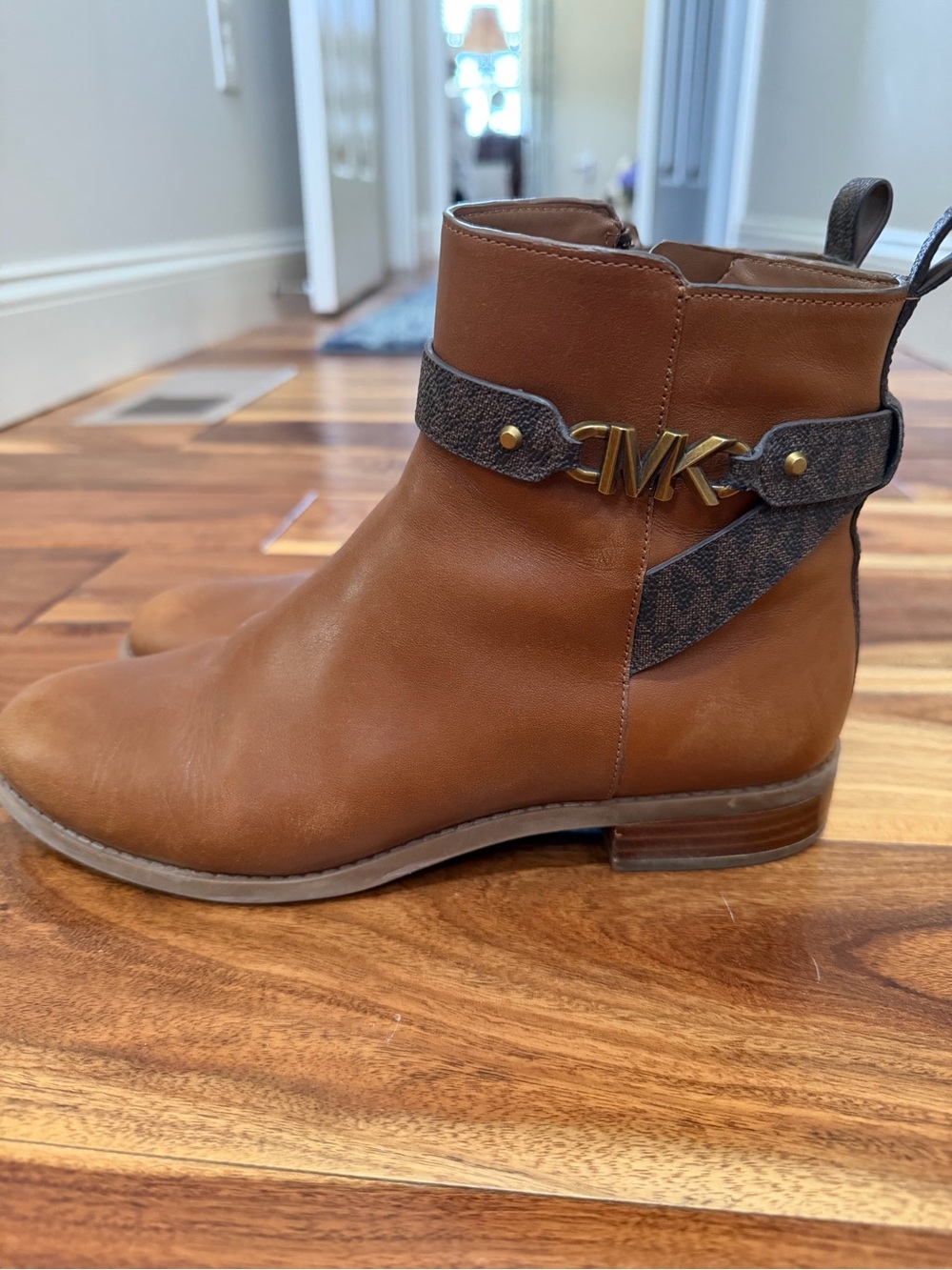 Michael Kors Cognac Leather Ankle Boots with Gold Accent